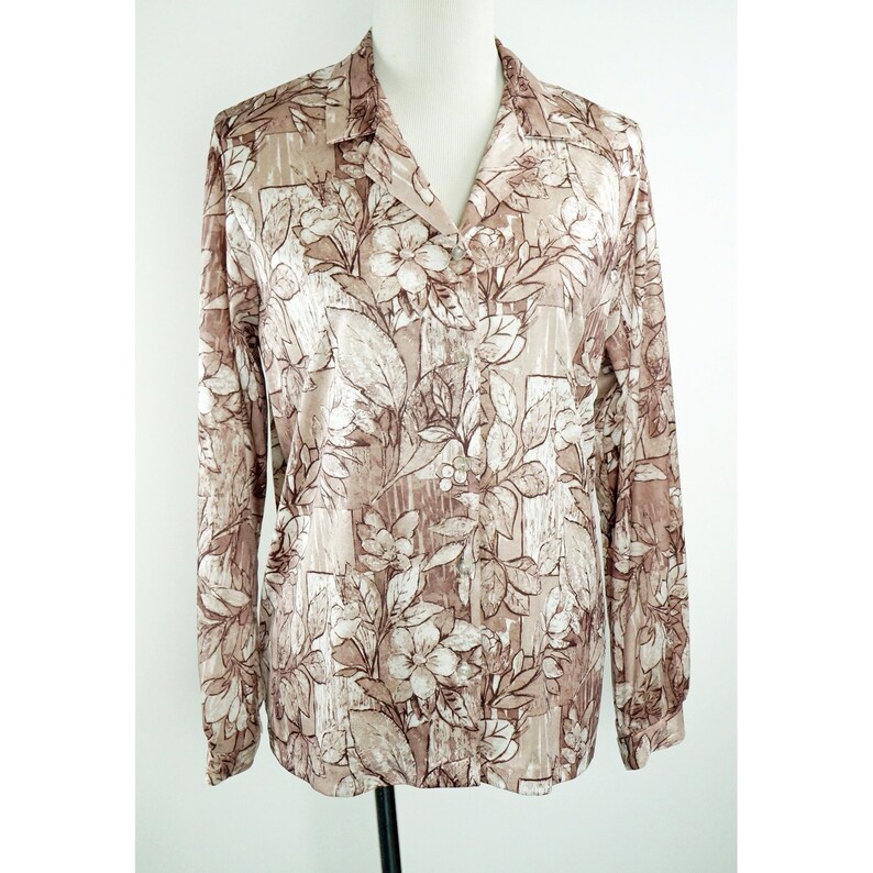 Vintage 70s Polyester Shirt Brown Floral Pointed Collar Etsy