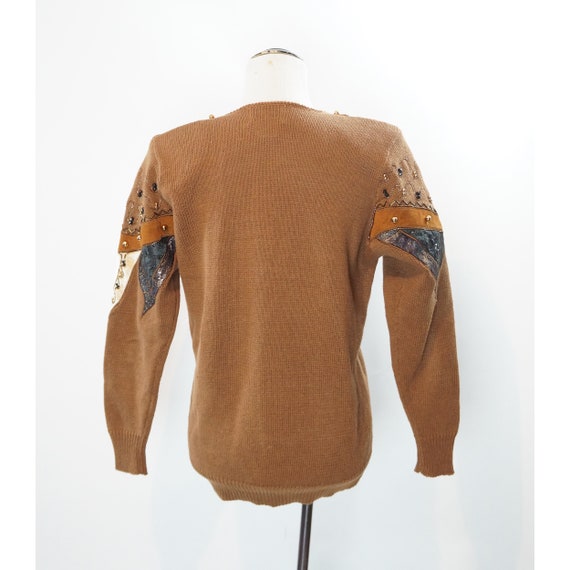 Vintage 90s Sweater, Beaded, Applique Leather, Ab… - image 5