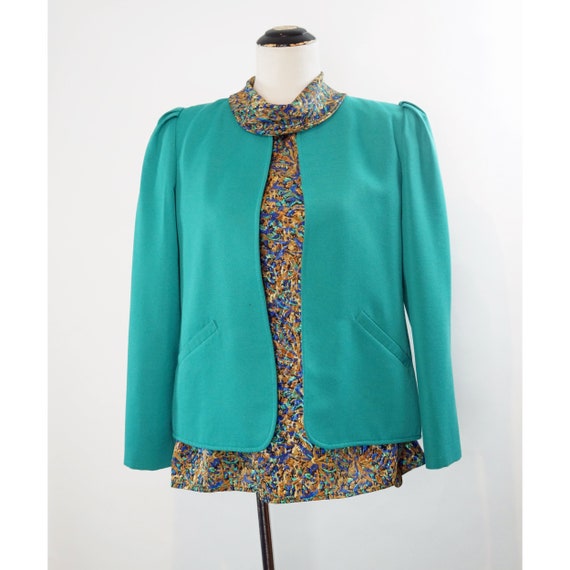 Vintage 80s Blazer, Gathered Shoulders, Turquoise… - image 5