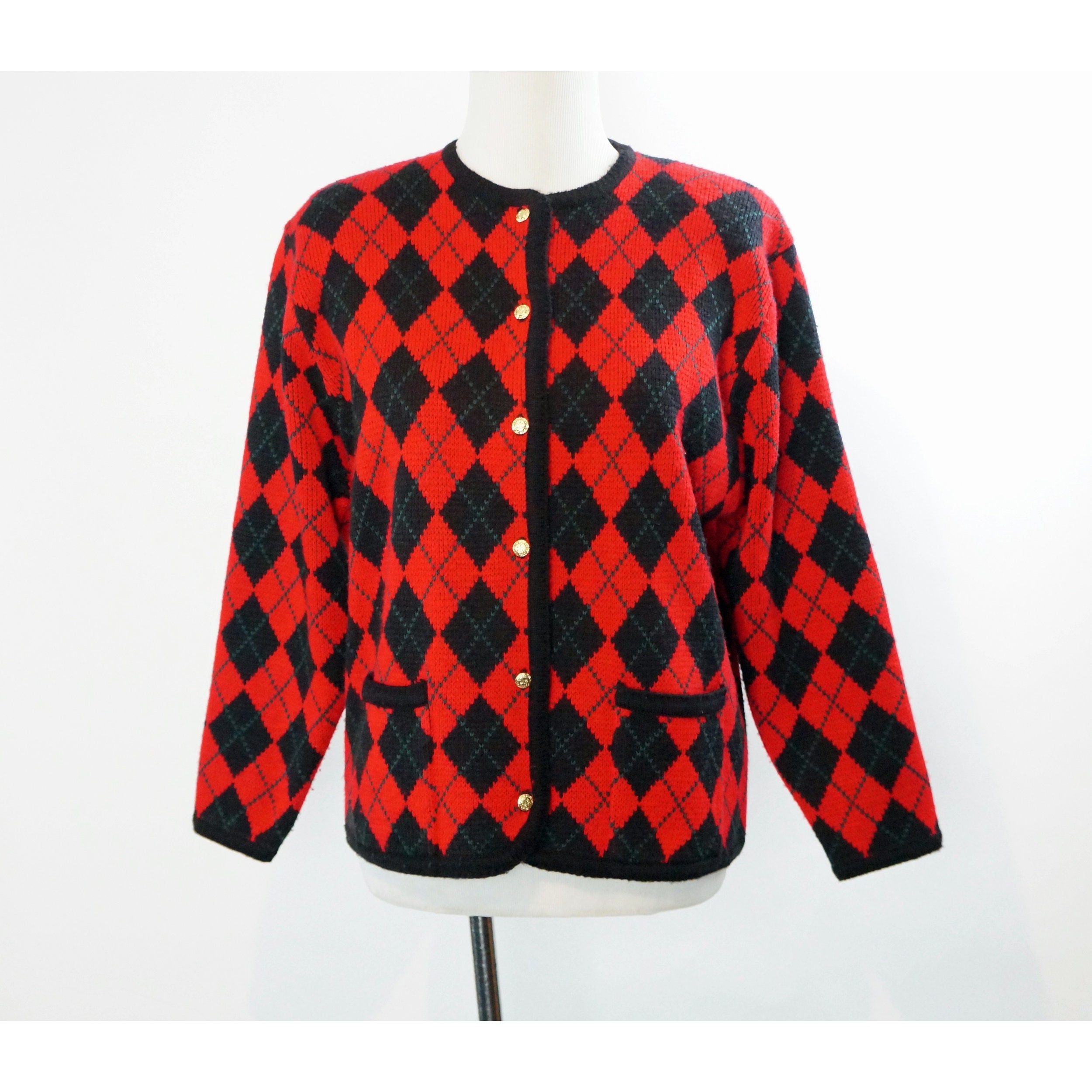 Vintage Argyle Cardigan Sweater, Red, Black, Gold Tone Vintage Argyle Cardigan Sweater, Red, Black, Gold Tone