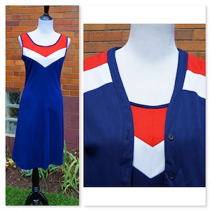 Vintage Sportswear Tank Dress and Matching Cardigan,A- Line, Red White and Blue, Cheerleader Costume, American, Preppy, Sporty, Game Day