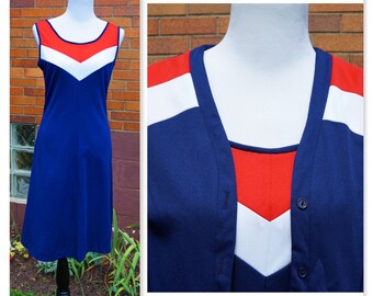 Vintage Sportswear Tank Dress and Matching Cardigan,A- Line, Red White and Blue, Cheerleader Costume, American, Preppy, Sporty, Game Day