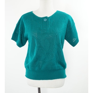Vintage Teal Pullover, Kurzarm, Blumen, Strick, Arbeit oder Freizeit, Kenneth auch!