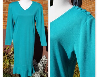 Vintage Schrader Sweater Dress, Pleated, V Neck, Turquoise, Aqua Blue, Midi Length, Winter, Long Sleeves, Work, Party