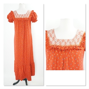Vintage 70s Prairie Dress, Cottagecore, Puff Sleeves, Orange Floral, Lace, Maxi