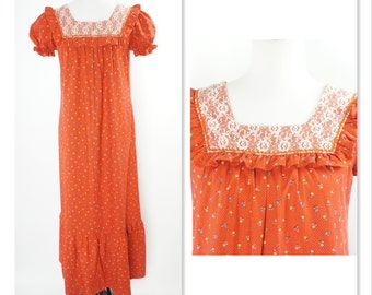 Vintage 70s Prairie Dress, Cottagecore, Puff Sleeves, Orange Floral, Lace, Maxi