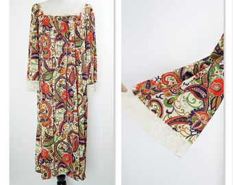 Vintage Hippie Dress, Paisley Floral, Lace accents, Bell Sleeves, Muu muu style, 70s