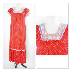 Vintage 70s Prairie Dress, Ruffle, Lace, Red Floral, Maxi Length, Cottagecore