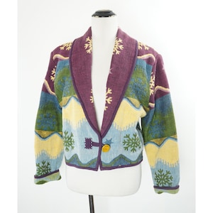 Vintage 90s Tapestry Jacket, 90s Gantos, Multi-color, Snowflakes, Cotton