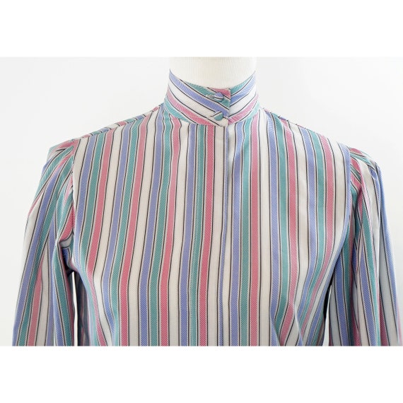 Vintage 80s Blouse, Striped Mockneck, Gathered sh… - image 2