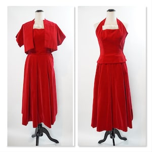 Vintage Velvet 3 Piece Set, Handmade Jacket, Halter and Full Pleated Midi Skirt, Formal, Costume, Christmas Pageant