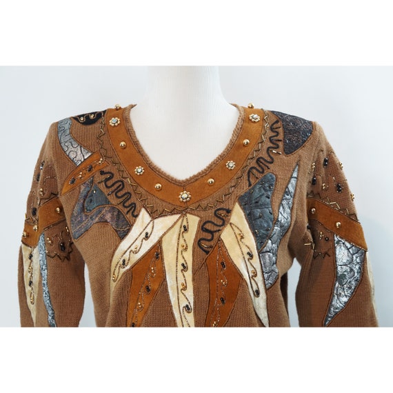 Vintage 90s Sweater, Beaded, Applique Leather, Ab… - image 2