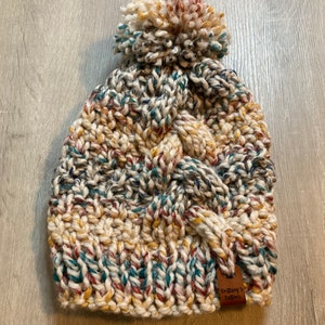 Ready to Ship Knit Hat with Giant Cable Braid and Pom Pom in Rainbow Gifts under 50