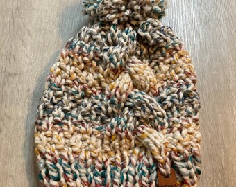 Ready to Ship Knit Hat with Giant Cable Braid and Pom Pom in Rainbow Gifts under 50