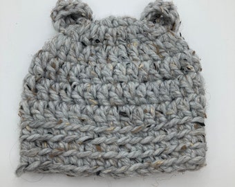 Crochet Baby Teddy bear Hat in Grey Marble