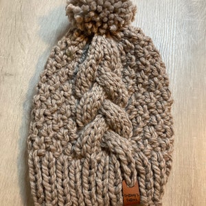 Ready to Ship Knit Hat with Giant Cable Braid and Pom Pom in Color Driftwood Gifts under 50