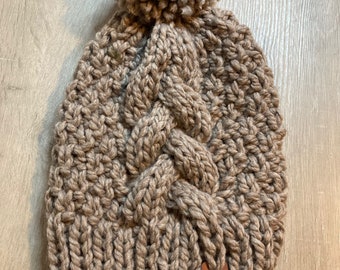 Ready to Ship Knit Hat with Giant Cable Braid and Pom Pom in Color Driftwood Gifts under 50