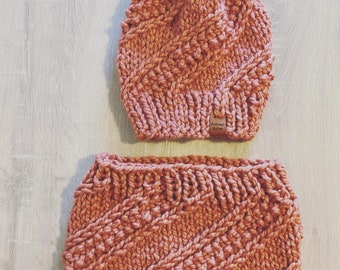 Hand Knit Sidewinder Hat and Cowl Set Ready To Ship in the color Terra Cotta