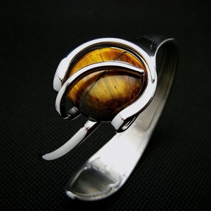 tiger eye cuff bracelet, boho jewelry, 50th birthday gift for women, mom birthday gift from daughter, gemstone bangle, silverware jewelry