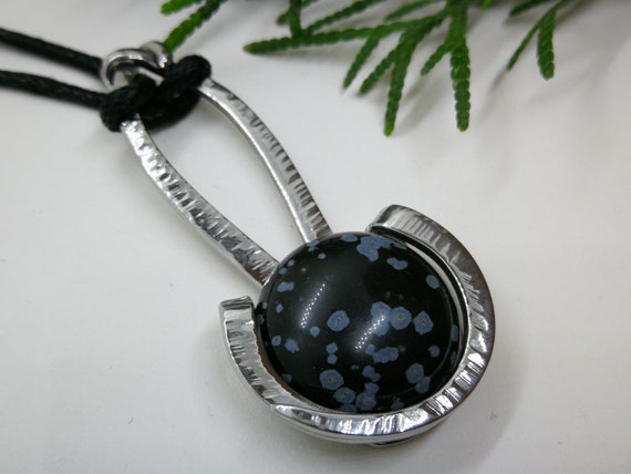 Snowflake Obsidian Necklace Round Black Gemstone Pendant Recycled
