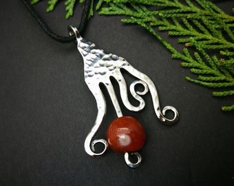 fork necklace, handmade jewelry, carnelian necklace, hammered jewelry, stainless steel, mothers day gift from daughter, unique gifts for her