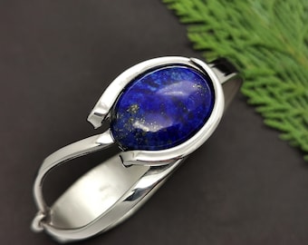 lapis lazuli silver cuff bracelet, unique gifts for women, fork bangle bracelet, mom birthday gift from daughter, handmade jewelry