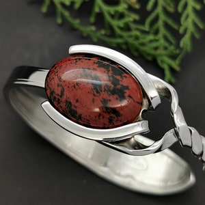 mahogany obsidian bracelet, handmade jewelry for women, fork bangle, red gemstone bracelet, fork jewelry, mom day gift from daughter