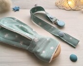 Turquoise and white baby pacifier clip holder and montessori wood teething ring : organic cotton and natural wood
