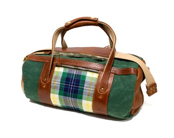Club Duffel- Fitzpatrick Tartan and Spruce Green, Travel Bags, Luxury Bag, Leather Gift, Leather Bag, Vintage Bag, Chestnut Leather, Duffel