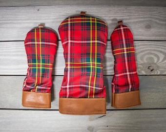 Tartan Wood Cover Set of 3- Hay Modern with Natural Leather, Fairway Wood Cover, Golf Gift, Golf Clubs, Gifts for Golfer