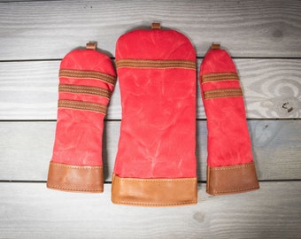 Lot de 3 housses en bois de style traditionnel rouge avec cuir naturel, housses en bois de parcours, cadeau de golf, clubs de golf, cadeaux pour golfeur, couvre-chef