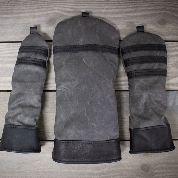 Traditional Style Wood Cover Set of 3- Charcoal with Black Leather, Fairway Wood Cover, Golf Gift, Golf Clubs, Gifts for Golfer, Head covers