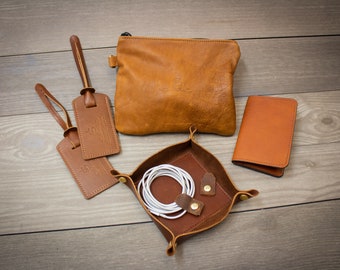 Traveler's Gift Package, Leather Valet, Leather Cord Wraps, Passport Holder, Valuables Pouch, Handcrafted, Custom Personalization, Luggage