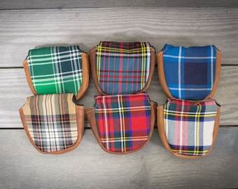 Tartan and Leather Mallet Putter Covers, Putter, Golf Club Cover, Leather Golf Head Cover, Old School Putter Cover, Magnet Putter Cover
