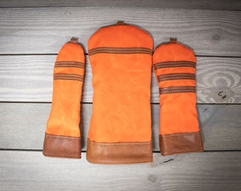 Traditional Style Wood Cover Set of 3- Orange with Natural Leather, Fairway Wood Cover, Golf Gift, Golf Clubs, Gifts for Golfer, Covers