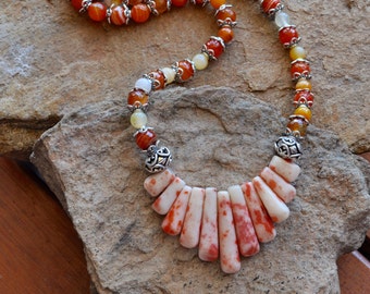 Christmas Gift - Orange Agate Statement Necklace - Silver Beads - Handmade in Australia