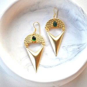 Raw Emerald Gold Drop Earrings: Handmade Dainty Jewelry