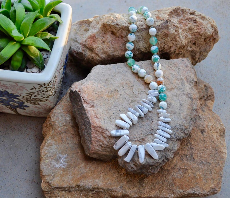 natural stone precious stone white agate agate necklace white necklace gemstone green neckpiece green beaded silver beaded