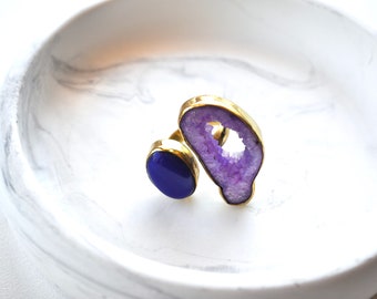 Adjustable Agate Statement Ring: Gold Bronze with Purple & Blue Gemstones