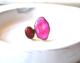 Pink Agate Ring: Gold Bronze Adjustable Statement Ring