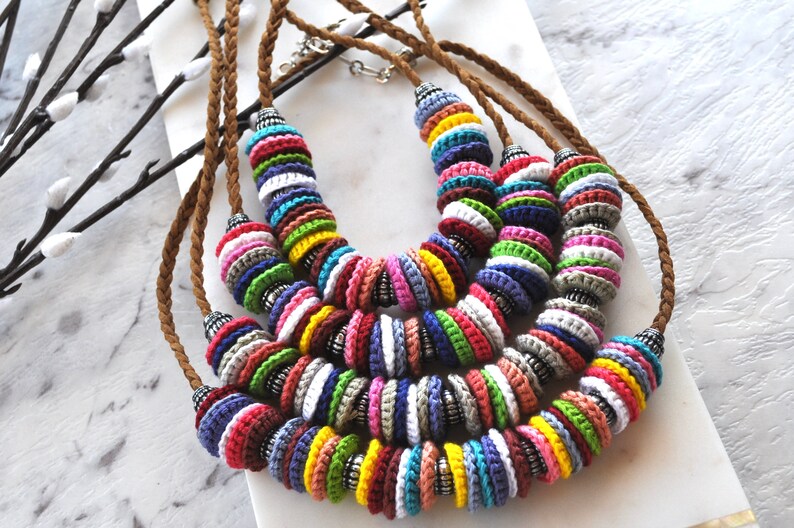 Recycled jewellery Multicoloured crochet necklace handcrafted jewellery art image 7