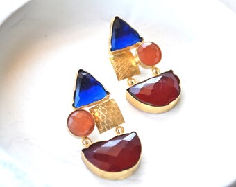 Ethnic earrings - Three tier earrings - Three stone earrings - Gold gemstone earrings - Elegant long gold earrings - Gemstone earrings