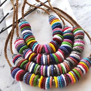 Recycled jewellery Multicoloured crochet necklace handcrafted jewellery art image 2