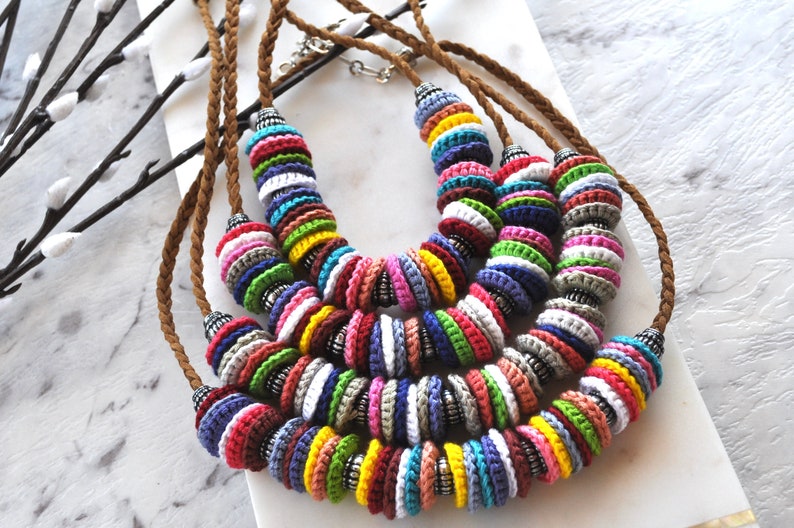 Recycled jewellery Multicoloured crochet necklace handcrafted jewellery art image 2