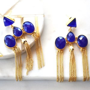 Handmade Blue Gemstone Tassel Dangle Earrings: Designer Metal Drop Earrings