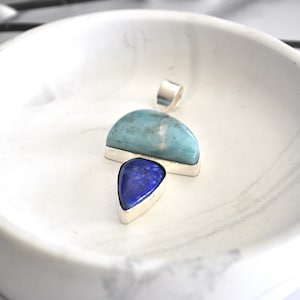 Larimar and lapis lazuli gemstone pendant - Lapis lazuli pendant - Two stone pendant