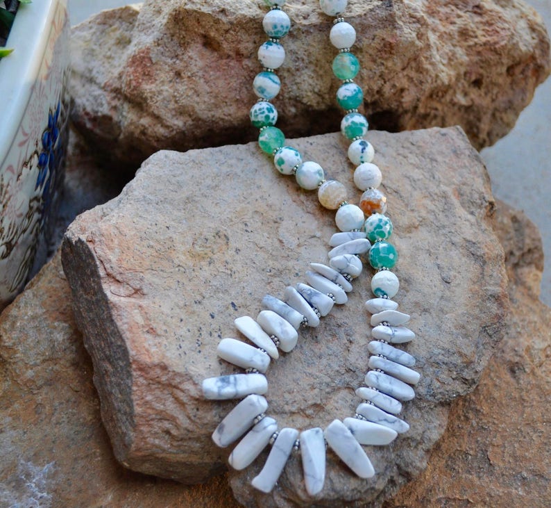 natural stone precious stone white agate agate necklace white necklace gemstone green neckpiece green beaded silver beaded