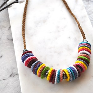 Recycled jewellery Multicoloured crochet necklace handcrafted jewellery art image 3