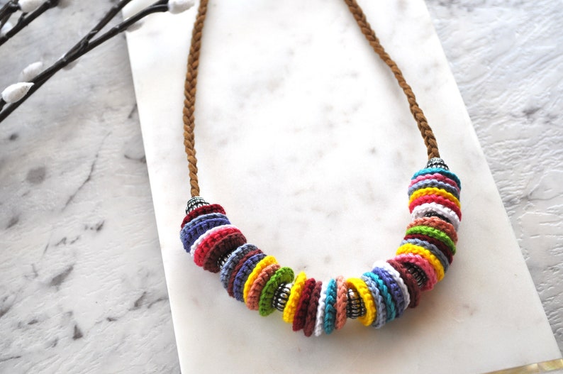 Recycled jewellery Multicoloured crochet necklace handcrafted jewellery art image 3