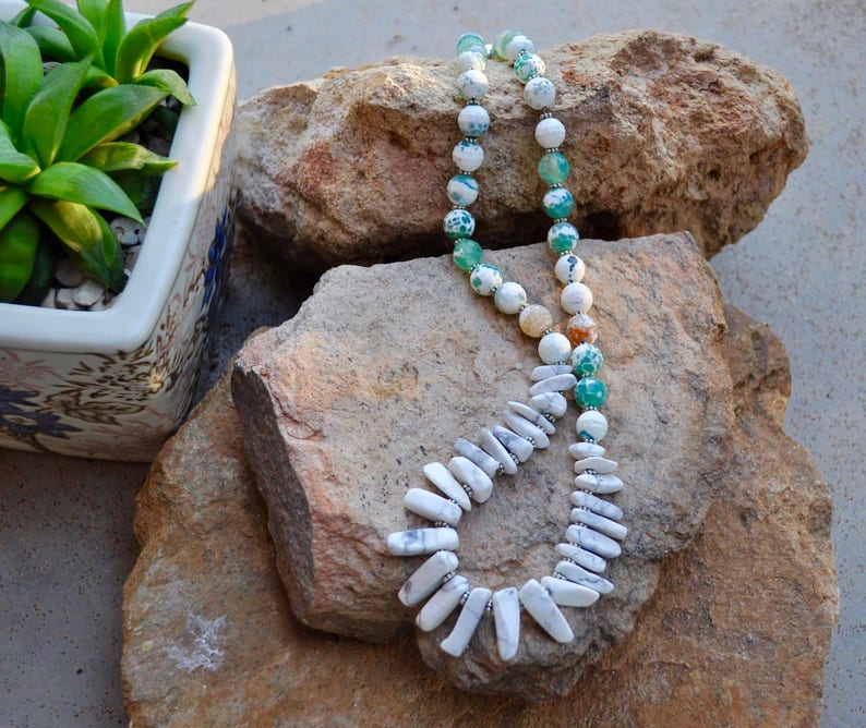 natural stone precious stone white agate agate necklace white necklace gemstone green neckpiece green beaded silver beaded